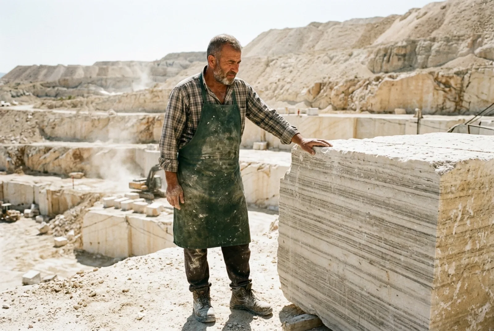 Craftsman inspecting the cut face of a travertine block at the quarry