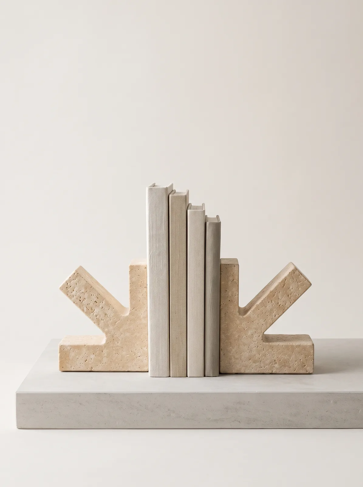 Sculptural travertine bookends holding a row of books